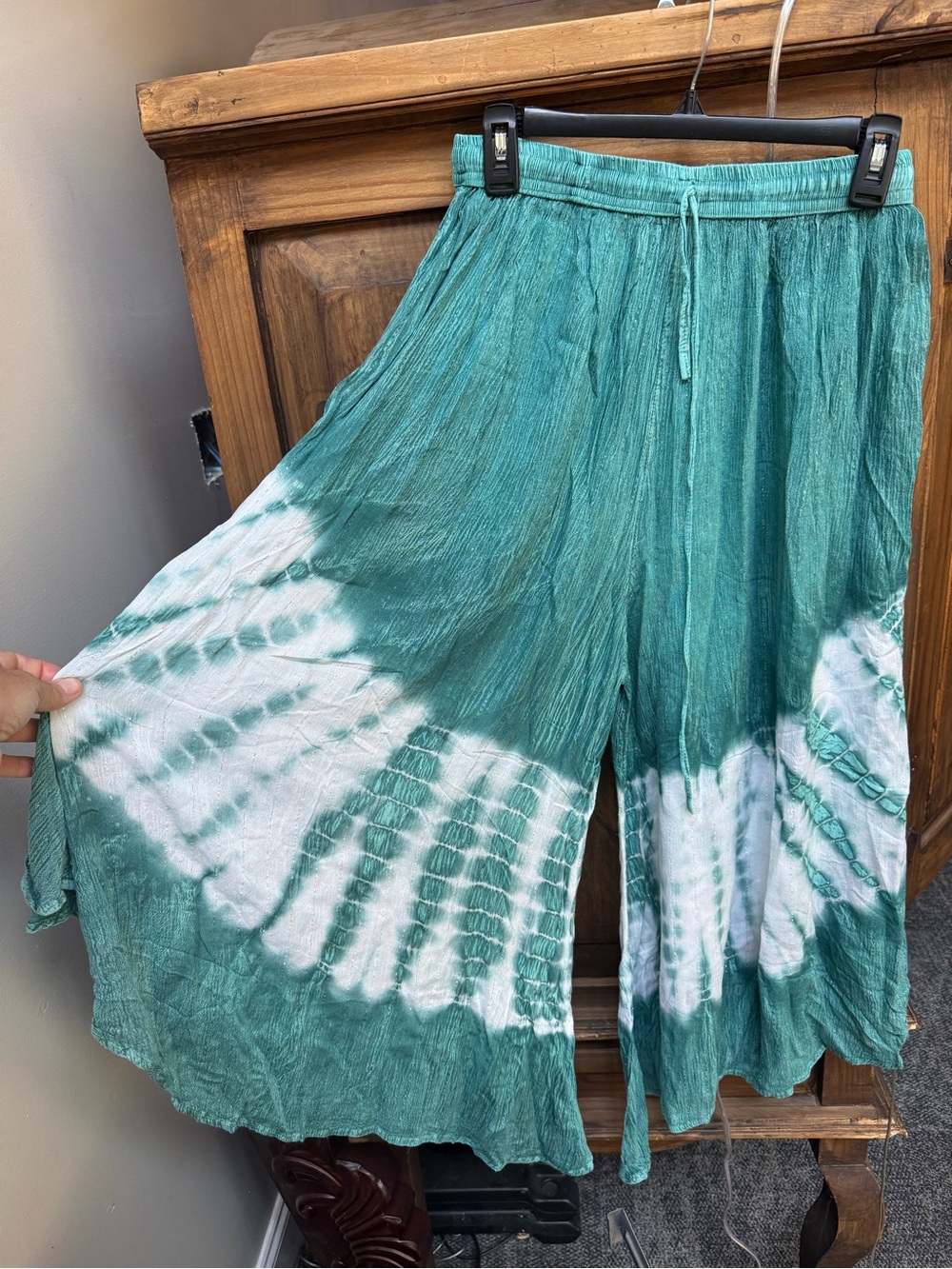Teal and White bohemian 100% viscose Tie-Dye Wide-Leg Palazzo Pants - Picture 3 of 5